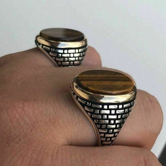 Gold Plated Sterling Silver Tiger's Eye Mens LARGE Ring Size Pinky